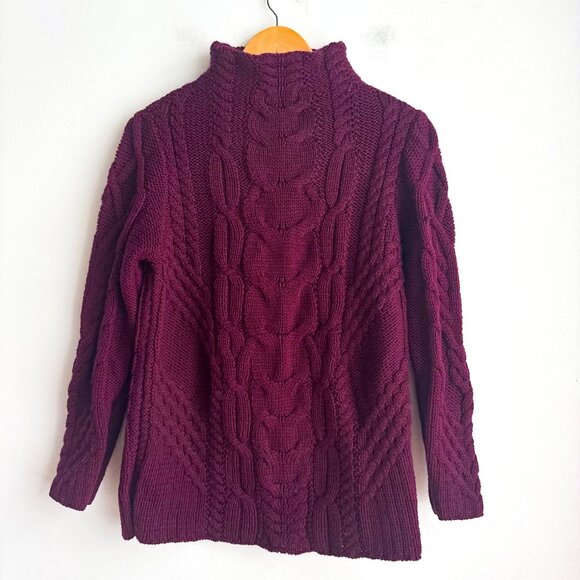 Aran Mor Merino Wool Burgundy Cableknit Mock Neck Sweater L - Picture 1 of 5